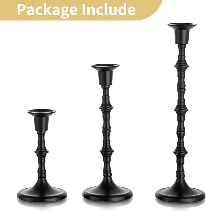 Nuptio Black Candle Holder Set of 3 Gothic Candlestick Holders for Taper Candles Metal Candle Sticks Candleholders Table Centerpieces for Dining Room Wedding Home Halloween Farmhouse Fireplace