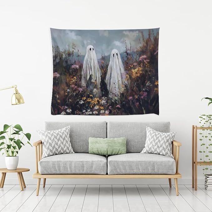 Halloween Ghosts in Wildflowers Tapestry Wall Hanging Spooky Cute Ghost Floral Tapestries Victoria Moody Artwork Aesthetic Print for Goth Living Room Bedroom wall Decor 30x40inch