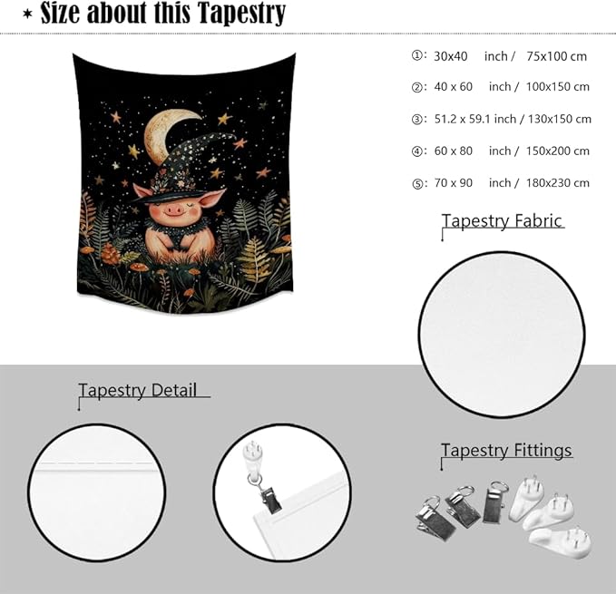 Whimsical Witch Pig Tapestry Wall Hanging Cute Farmhouse Animal Tapestry Aesthetic Moon and Stars Pictures Print Cottagecore Witchy Halloween Artwork Tapestries Decor for Living Room Bedroom 60x80inch