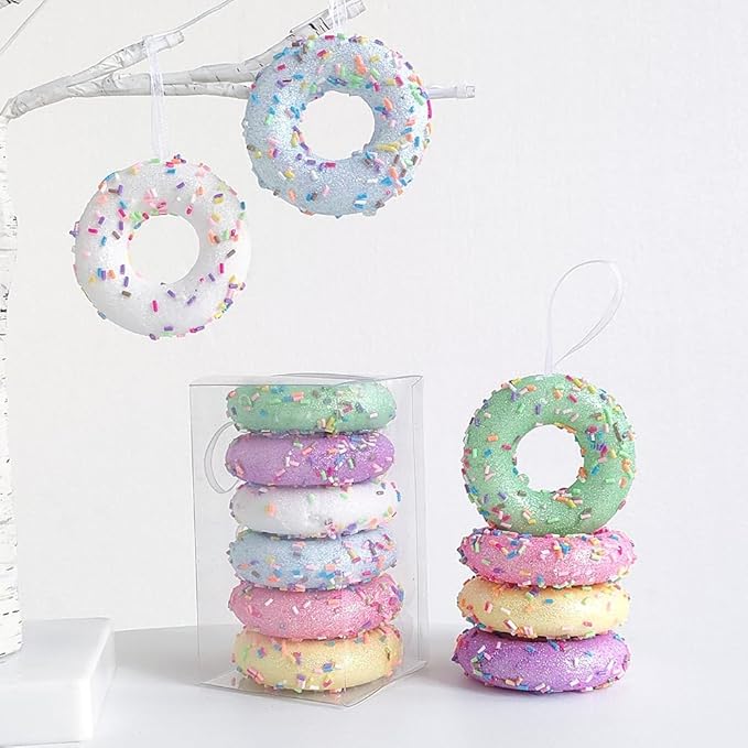 Donut ChristmasParty Decorations Ornaments, 6Pcs Hanging Christmas Tree Candy Ornament, Macaron Color Mini Dessert Donut Pendant Set for Xmas New Year Easter Birthday Home Party Supplies (Doughnut)