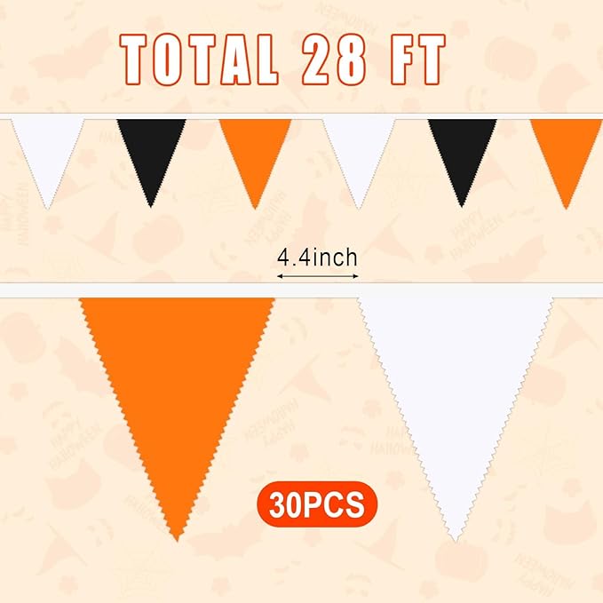 MARFOREVER Orange Black White Halloween Pennant Banner, 30Pcs Fabric Triangle Flags Bunting Garland Halloween Hanging Decorations for Garden Baby Shower Thanksgiving Wedding Outdoor Indoor Supplies