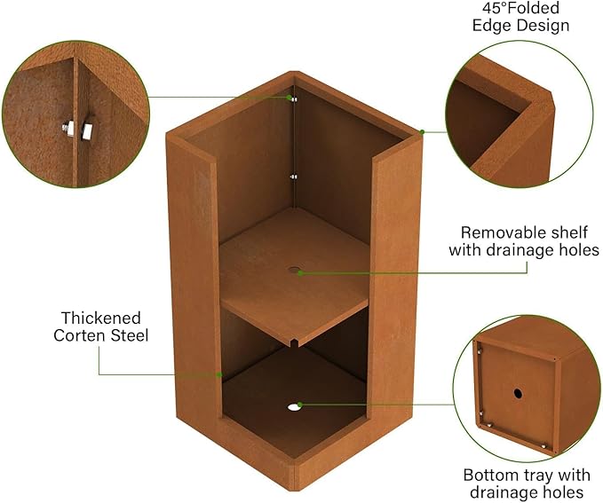 Cor Ten Steel Planter 26 Inch Tall Planter with Drainage Holes, Rust-Resistant/Heavy-Duty Metal Planter Box for Garden, Patio, Porch & Yard (14x14x26in)
