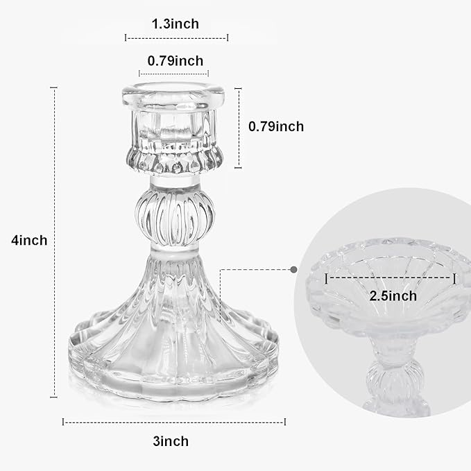 12 Pack Glass Candlestick Holders- Clear Taper Stripe Candle Holders for Candlesticks, 4" H Taper Candle Holders Small Centerpiece for Wedding, Festival, Party & Windowsill Decor