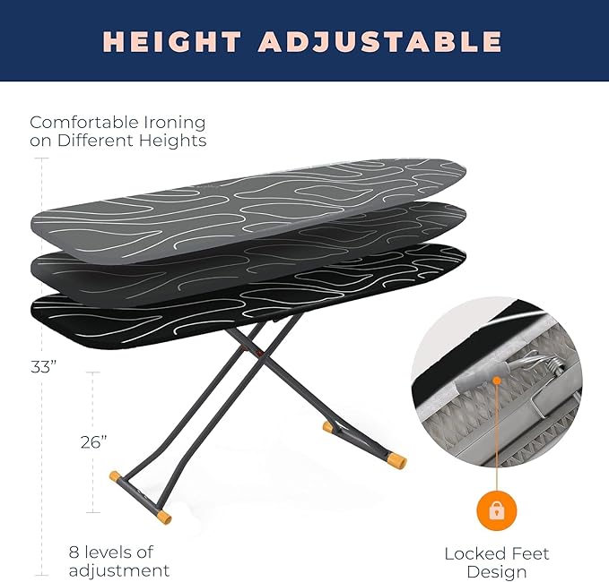 Ironing Board, Compact and Space Saver Ironing Board with Extra Thick 3 Layers Cover, Height Adjustable, Easy Storage with Smart Hanger and Heavy Duty Steel Legs, Black (13x43)