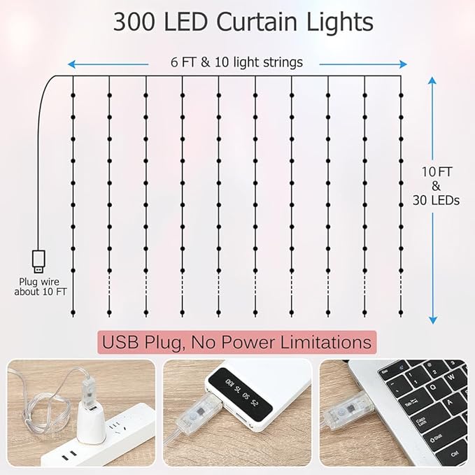 Curtain Lights, 10ft x 6ft 300 LED RGB Color Changing String Fairy Lights Curtain Waterproof, Smart APP & IR Control, 200+ Scene Modes for Bedroom Backdrop Indoor Outdoor Christmas Decoration