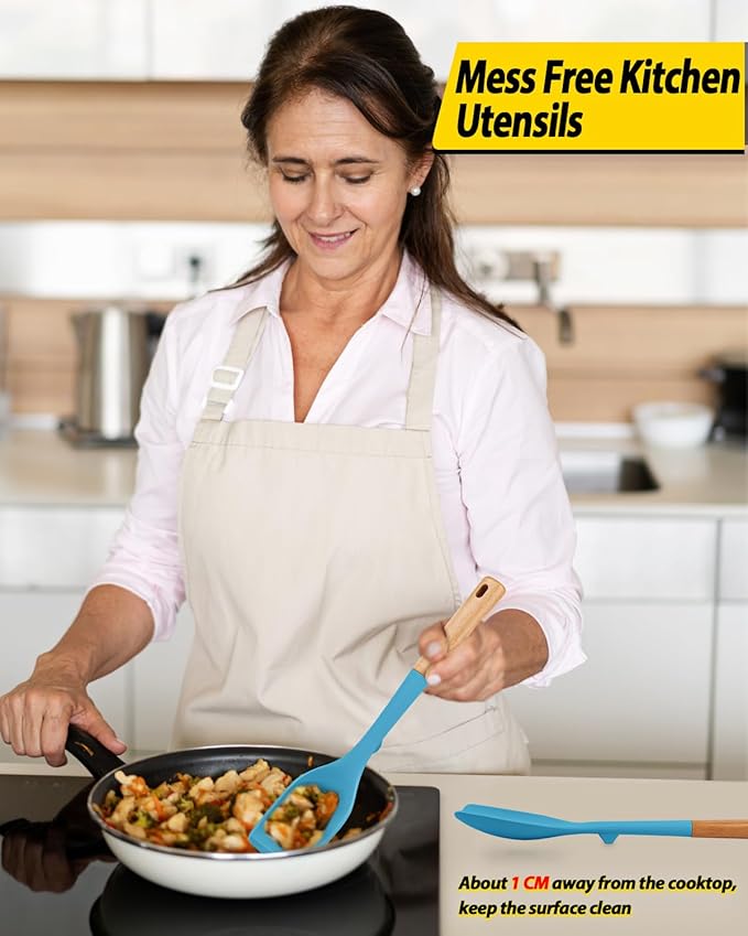 Pack of 4 Silicone Kitchen Utensils Set, Non Stick Solid Spatulas and Heat Resistant Slotted Spoons with Wooden Handle, Ideal BPA Free Cooking Utensils for Mixing,Serving,Turning,Stirring(BLUE)