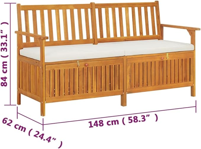 vidaXL Patio Storage Bench 58.3" - Solid Acacia Wood with Cream White Cushion - Versatile Wooden Bench for Indoor and Outdoor Use - with Ample Storage Space