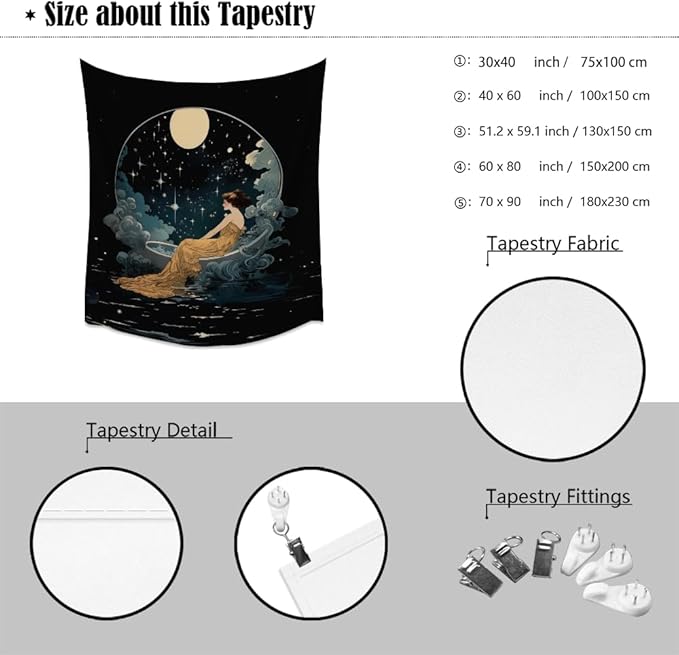 Dark Academia Tapestry Celestial Moonlit Bathing Lady Print Trendy Aesthetic Gothic Wall Hanging Vintage Art Nouveau Tapestries Wall Decor for Bedroom Living Room Dorm 40x60inch