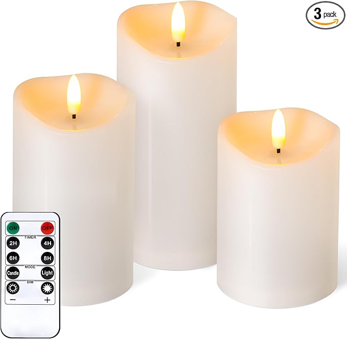 NURADA Outdoor Flameless Candles with Remote Timer - Waterproof Realistic Flickering LED Pillar Electric Battery Operated Fake Candle for Holiday Home Wedding Fireplace Decor - 3 Pack Ivory White