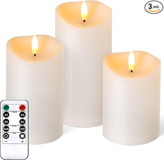 NURADA Outdoor Flameless Candles with Remote Timer - Waterproof Realistic Flickering LED Pillar Electric Battery Operated Fake Candle for Holiday Home Wedding Fireplace Decor - 3 Pack Ivory White