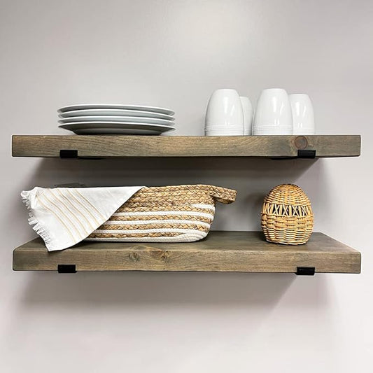 Rustic Shelves with J-Brackets Set of 2, Industrial Shelf, Kitchen Shelves, Solid Wood, Decorative Wall Storage, Heavy Duty, URBANDI (Grey, 36Wx10D)