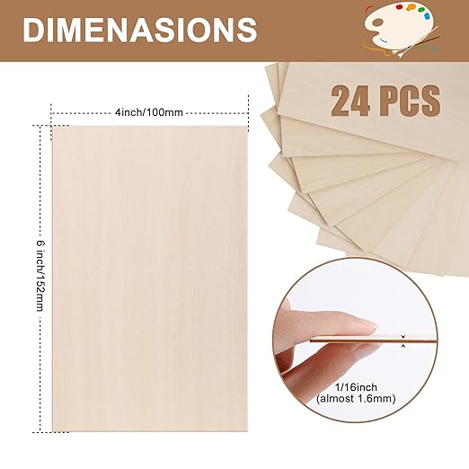 24Pack Basswood Sheets 4x6x1/16 Inch, Basswood for Laser Cutting & Engraving, Thin Plywood Wood Sheets Unfinished Wood for Crafts, DIY Architectural Models, Wood Burning and Painting.