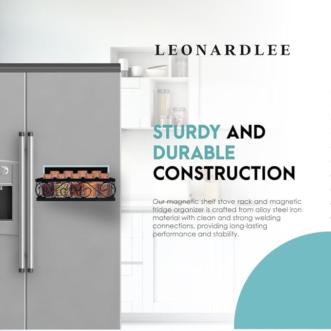 LEONARDLEE Magnetic spice Rack, Stronger Magnet with Wall Mount Option. 4 Removable Hooks, Perfect Space Saver for Kitchen- for Holding Spices, Jars, Bottle, cans (Pack of 2)