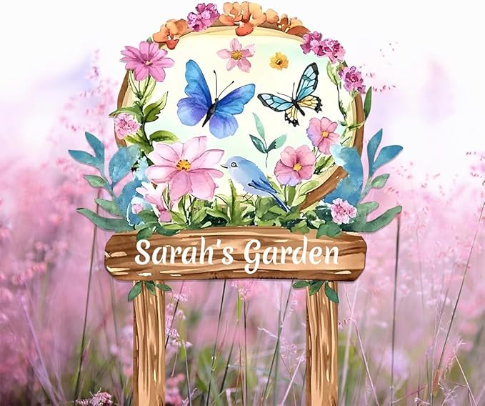 Personalized Watercolor Garden Metal Sign with Stake,Custom Gardener Last Name Signs Outdoor Decor,Customized Birds Gardening Gifts for Mom,Butterfly Flowers Plaques for Patio Lawn Porch Yard Garage