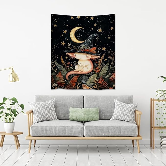 Whimsical Witch Tapestry Wall Hanging Decor Cute Axolotl Tapestry Magical Moon Animal Nursery Decoration Halloween Tapestries wall art for Home Kids Bedroom Living Room 60x80inch