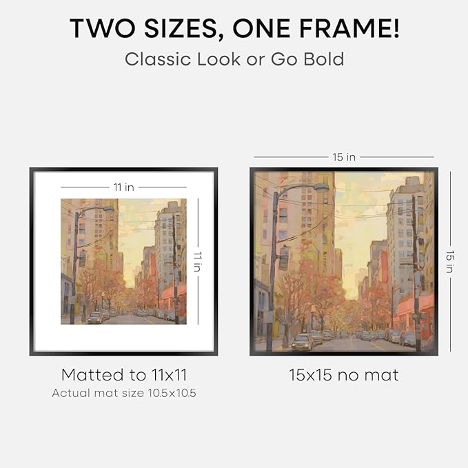 Homeforia 15x15 Picture Frame Black, High End Metal 15 x 15 Square Poster Frames with Mat 11 x 11 Photo, 15x15 Black Frame Matted to 11x11 Print, 15by15 Thin Frames, Tempered Glass, Wall Kit, Set of 1