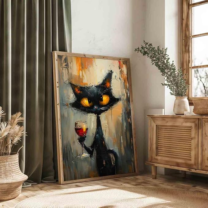 Funny Black Cat Wall Art Cute Black Cat Pictures Animal Abstract Painting Red Wine Wall Art Abstract Cat Cute Pictures Vintage Animal Pictures Funny Painting Living Room Decor 16x24inch No Frame