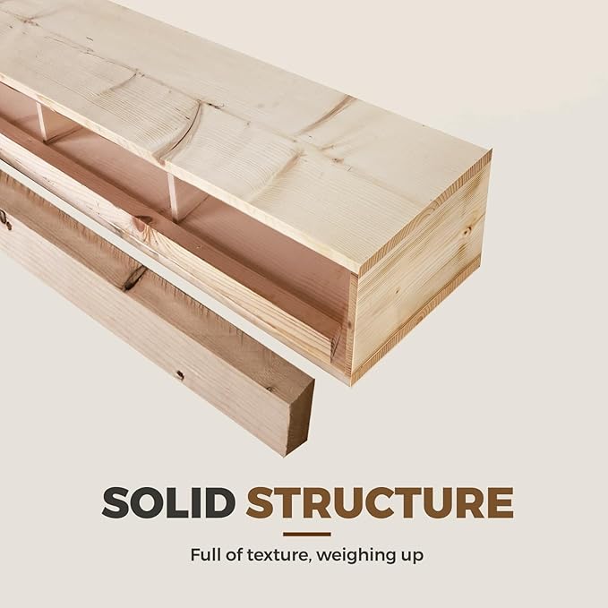 72x8x5 Fireplace Mantel - Handcrafted Hollow Rustic Solid Wood Wall Mounted Floating Shelf with Invisible Heavy Duty Wood Bracket (DIY Color)