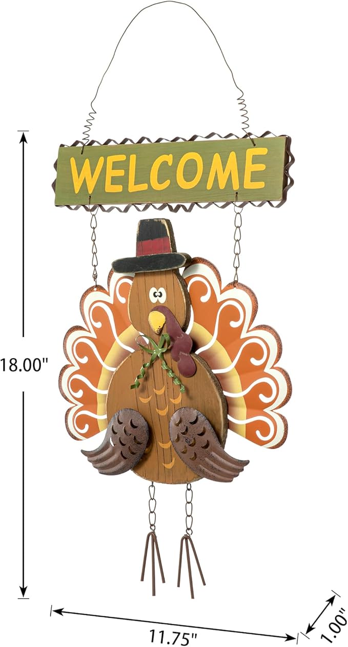 Glitzhome 17.91" H Metal Wooden Turkey Welcome Sign, Thanksgiving Turkey Wall Hanging Decor with Welcome Sign for Indoor Outdoor Decoration