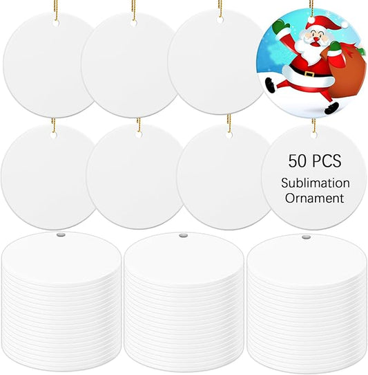 50 PCS Ceramic Sublimation Ornament Blanks Bulk 3 Inch White Round Crafts DIY Personalized Printed Christmas Home Porcelain Paintable Decorate