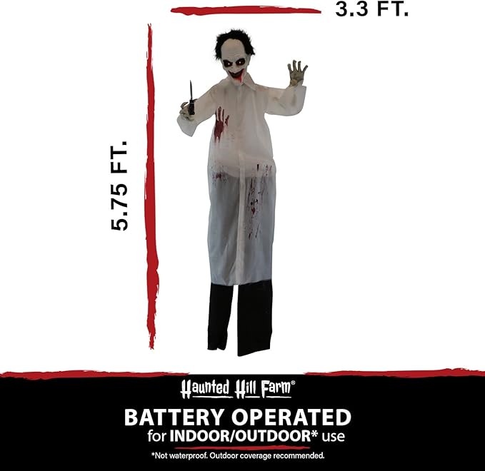 Haunted Hill Farm Life-Size Scary Animatronic Doctor with Touch Activated Lights and Sounds, Indoor or Covered Outdoor Spooky Halloween Decorations for Home or Haunted House, Battery-Operated