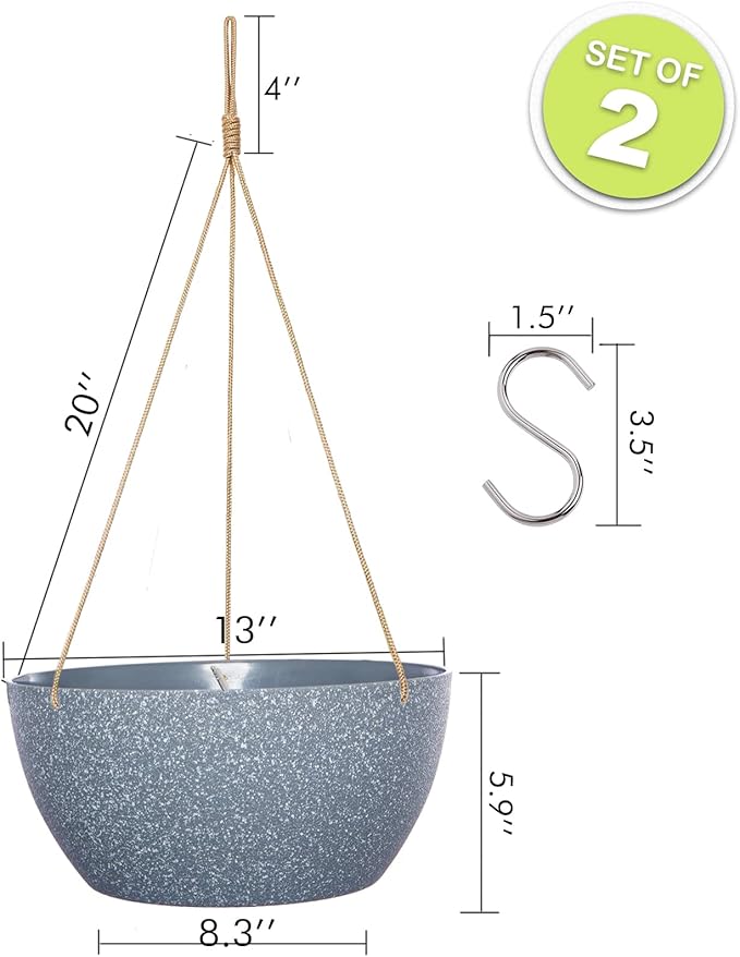 13 Inch 2 Pack Large Hanging Planters for Indoor Outdoor Plants, Plastic Hanging Basket Pots for House Plants Flowers, Grey