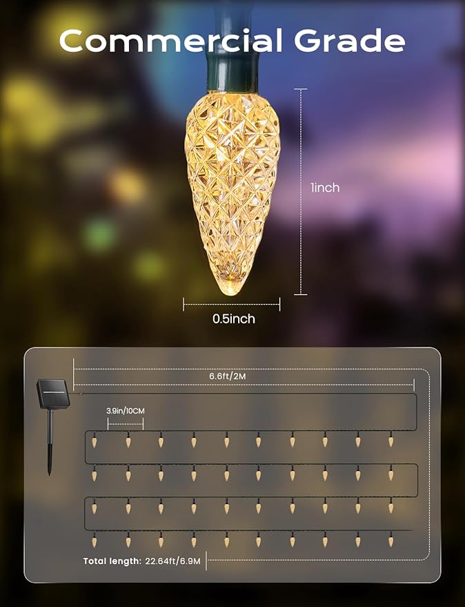 Brightown Solar Operated C6 Strawberry String Lights, 22.64ft 50 LEDs Warm White LED Christmas Fairy Lights, Solar Christmas Lights Outdoor, Christmas Decorations for Christmas Tree, Garden Decor