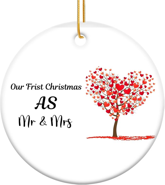 2024 First Christmas Married Ornament, Just Married Mr and Mrs Ceramic Ornament, 2.9 Round Newlywed Wedding Decoration for Couples
