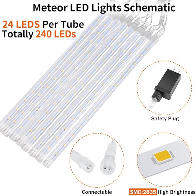 Christmas Meteor Shower Rain Lights, 10 Tube 12 Inch 240 LEDs Icicle Outdoor Raindrop for Xmas Halloween Wedding Party Tree Holiday Decoration, White