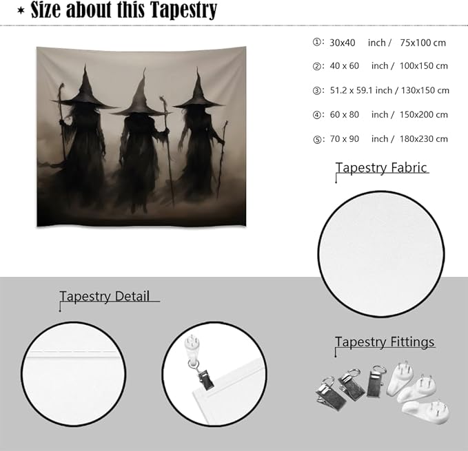 Witch Tapestry Witchy Halloween Decor Vintage Three Witches Bedroom Tapestries Retro Art Aesthetic Wall Tapestry for Bedroom Dorm Living Room white