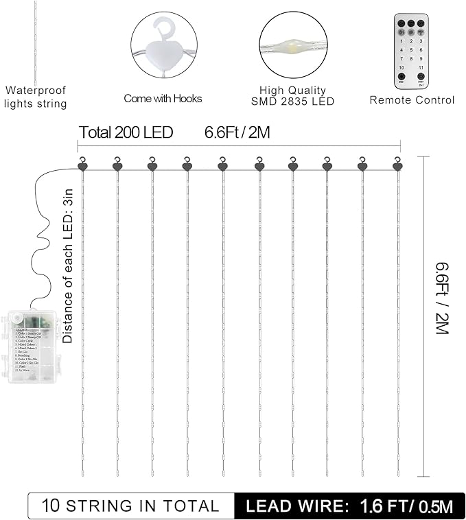 Curtain Lights Battery Operated, 200 LED 6.6Ft x 6.6Ft Dual Color Changing with Remote Timer, Outdoor Curtain Lights Waterproof for Wedding Bedroom Holiday Party Decor (Warm White & Multicolor)