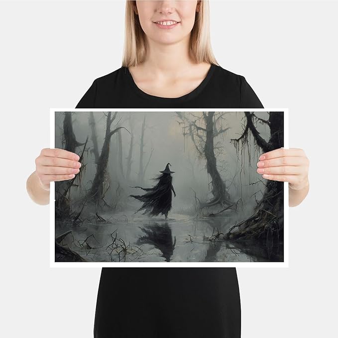 Vintage rustic swamp witch poster dark moody wall art gothic horror season halloween print for home decor retro dark moody painting12x16in Wood Framed
