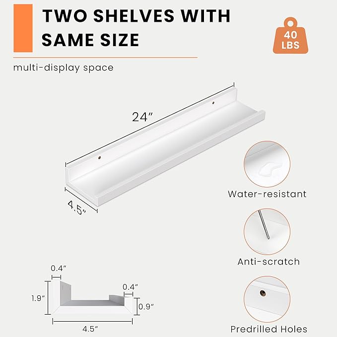 Heimlove Picture Ledge Shelf, Floating Shelves Set of 2, 24 Inches Picture Shelf for Wall with Ledge, Kids Bookshelf Wall Mounted for Living Room Bedroom Decor Books Photo Frames - White