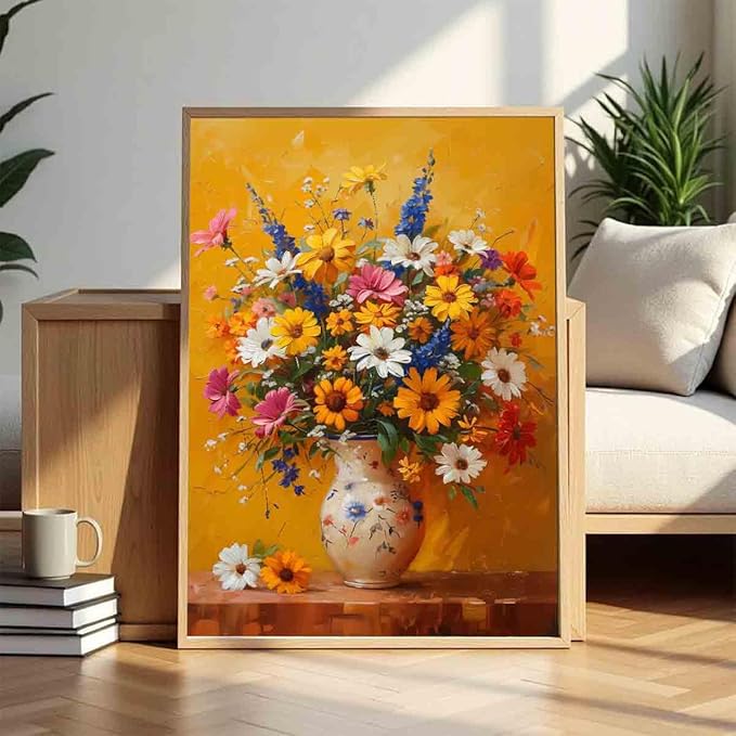 Flowers In Vase Wall Art Colorful Flowers Picture White Daisy Picture Farmhouse Floral Picture Still Life Painting Rustic Floral Painting Vintage Botanical Living Room Decor 16x24inch No Frame