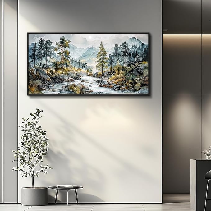 PHAOHUAXM Large Canvas Printing Artworks Wall Art For Bedroom Wall Decor For Living Room Office Home Decor Rivulet View Painting Forest Tree Landscape Watercolour Pictures Black Framed 30x60 In