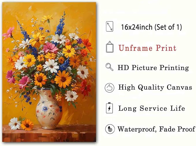 Flowers In Vase Wall Art Colorful Flowers Picture White Daisy Picture Farmhouse Floral Picture Still Life Painting Rustic Floral Painting Vintage Botanical Living Room Decor 16x24inch No Frame