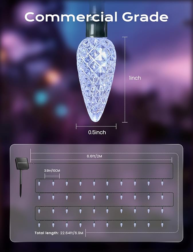 Brightown Solar Operated C6 Strawberry String Lights, 22.64ft 50 LEDs White LED Christmas Fairy Lights, Solar Christmas Lights Outdoor, Christmas Decorations for Christmas Tree, Garden Decor