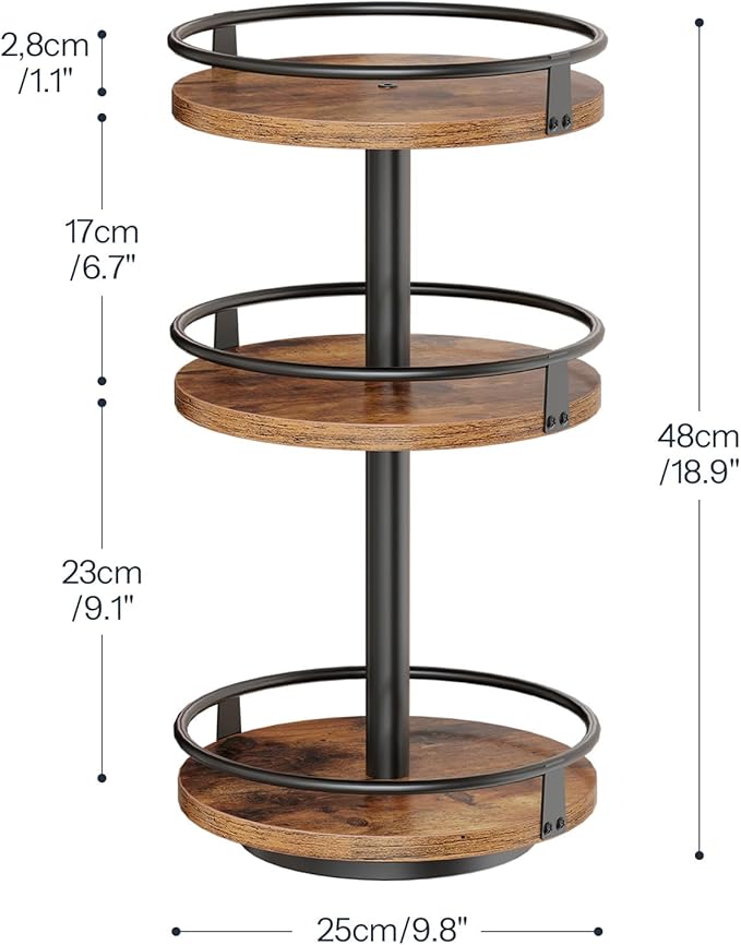 HOOBRO 3-Tier Lazy Susan Organizer, Rotating Spice Rack, Turntable Spice Rack, Vertical Storage Organizer, for Kitchen Countertop, Vanity, Dining Table, Rustic Brown and Black BF09TL01