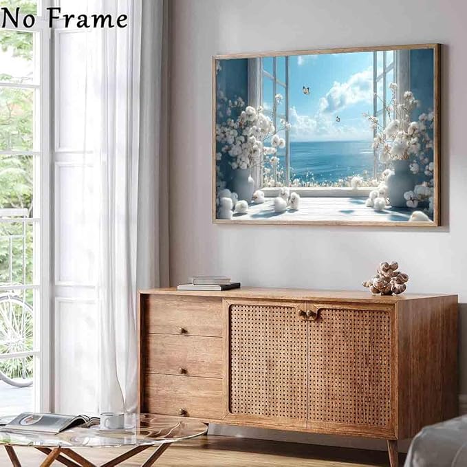 Open Window Canvas Wall Art Cotton Bouquet Wall Art White Flower Painting Blue Sea Picture Coastal Flower Painting Still Life Pictures Relaxing Living Room Decor 16x24inch No Frame