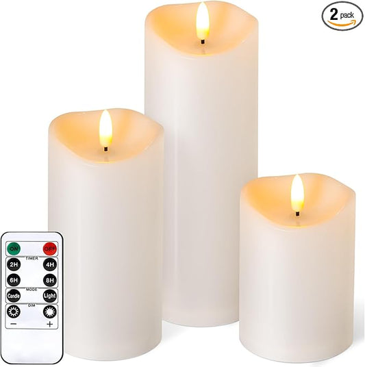 Outdoor Flameless Candles with Remote Timer - Waterproof Realistic Flickering LED Pillar Electric Battery Operated Fake Candle for Holiday Home Wedding Fireplace Decor - Ivory White 3 Pack (4”6”8”)