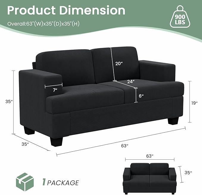 3 Pieces Corduroy Couch Set for Living Room, 7 Seats Cloud Sofa, Deep Seat Floor Couch for Bedroom, Futon Modern Sofa Sectional Bed, Black Corduroy