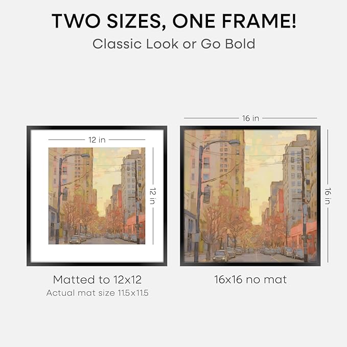 Homeforia 16x16 Picture Frame Black, High End Metal 16x16 Square Poster Frame Matted to 12x12 Print, 16 x 16 Black Frames with Mat 12 x 12 Photo, 16by16 Thin Frames, Tempered Glass, Wall Kit, Set of 1