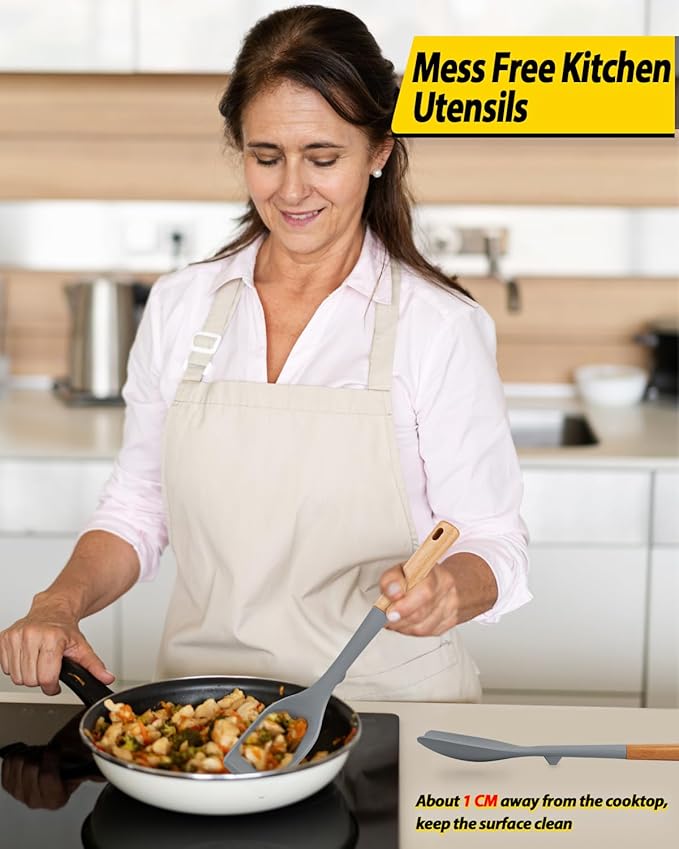 Pack of 4 Silicone Kitchen Utensils Set, Non Stick Solid Spatulas and Heat Resistant Slotted Spoons with Wooden Handle, Ideal BPA Free Cooking Utensils for Mixing,Serving,Turning,Stirring(GRAY)