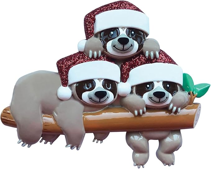 3D Sloth Family of 3 Christmas Ornament 2025 Personalized Family Christmas Ornaments 2025 | Stacked Sloth Keepsake Personalized Tree Ornaments Customizable Gifts Hanging on Log of Three Ornament