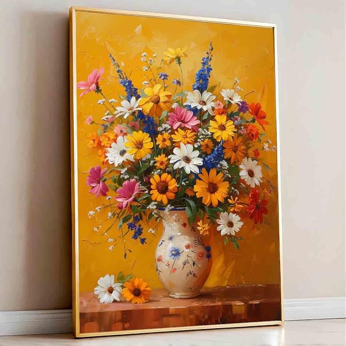 Flowers In Vase Wall Art Colorful Flowers Picture White Daisy Picture Farmhouse Floral Picture Still Life Painting Rustic Floral Painting Vintage Botanical Living Room Decor 16x24inch No Frame