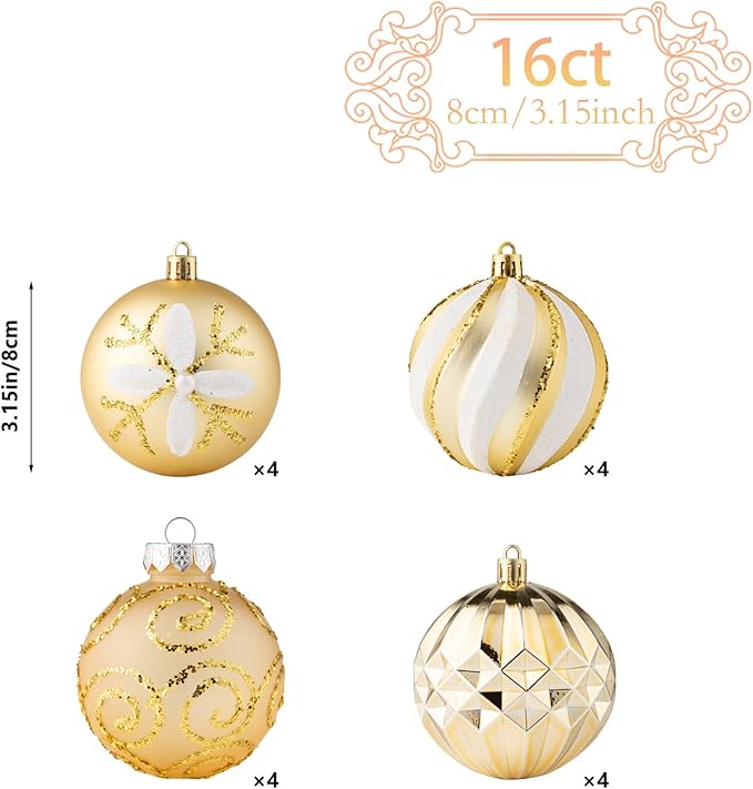 16Pcs Christmas Ball Ornaments Set, 3.15" Shatterproof Christmas Ornaments, Luxury Glitter Hanging Ornaments for Xmas Tree, Xmas Holiday, Party, Wedding (Gold)