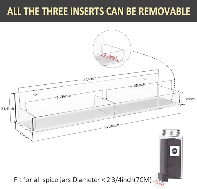 15 Inch Acrylic Spice Rack Wall Organizer Set of 3, Clear Acrylic Wall Shelf for Home Organizer, Floating Shelf for Bottle Display, Jars, Spice, Wine, Books, Toiletries
