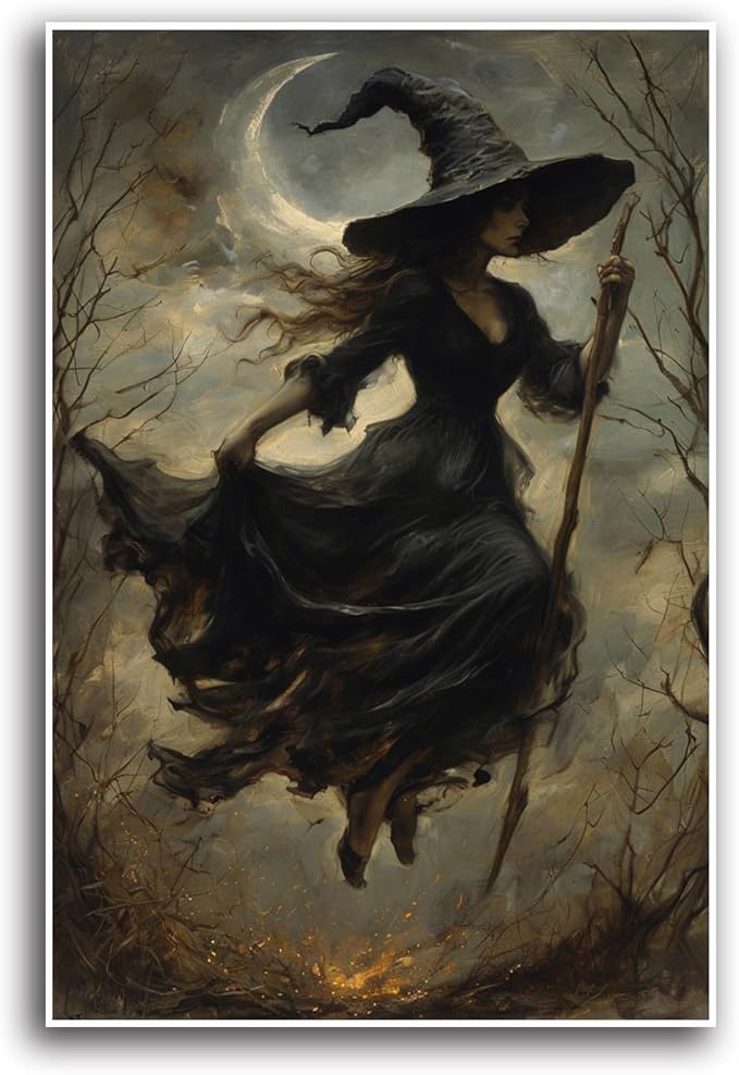 JFHCQJPK Witch in the Forest Halloween Print Wall Art Poster Witch Decor Vintage Print Dark College Wall Art Victorian Gothic Room Decor Canvas Wall Print20x30in Frameless