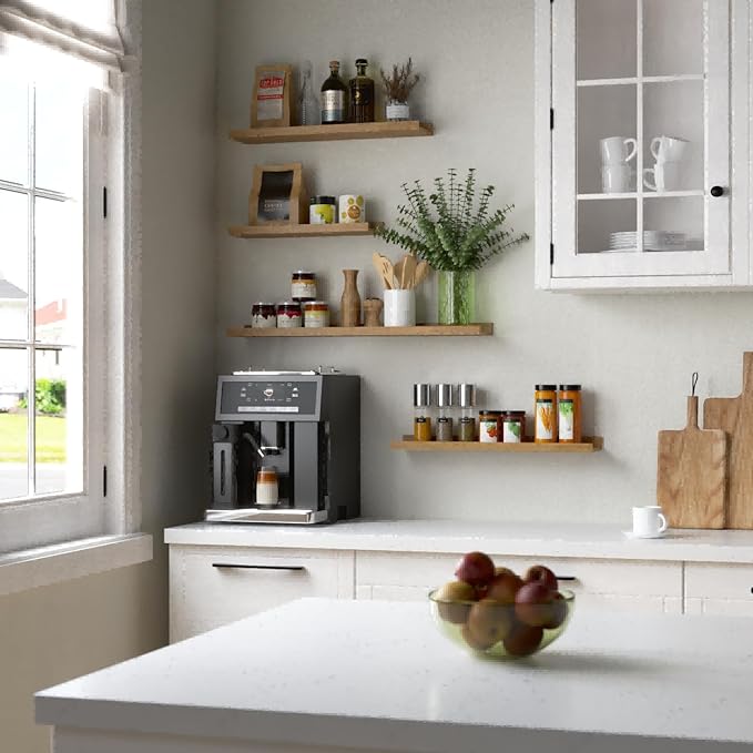 RICHER HOUSE 5 Set Floating Shelves for Wall Decor, Wall Mounted Book Shelf, Nursery Shelves Picture Ledge Shelf with Lip for Wall Storage, Bedroom, Living Room, Bathroom - Oak