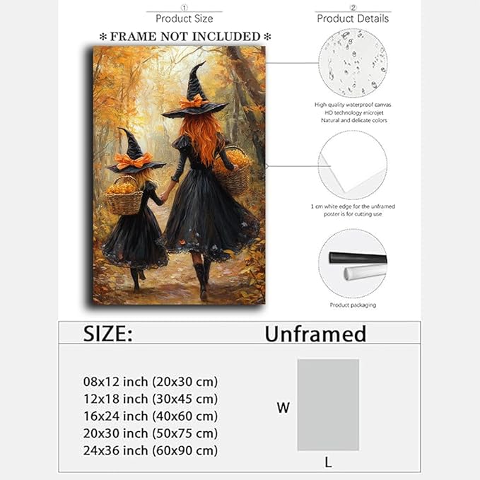Mother Witch And Child Daughter Witch Wall Art,Halloween Autumn Woodland Forest Path Picture,Family Room Nursery Playroom Kids Room Decor,16"x24" Unframed